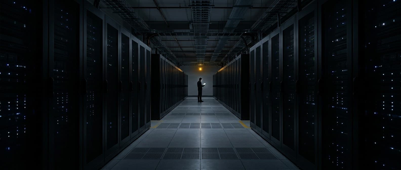 A data-center aisle with a lone technician reading a tablet