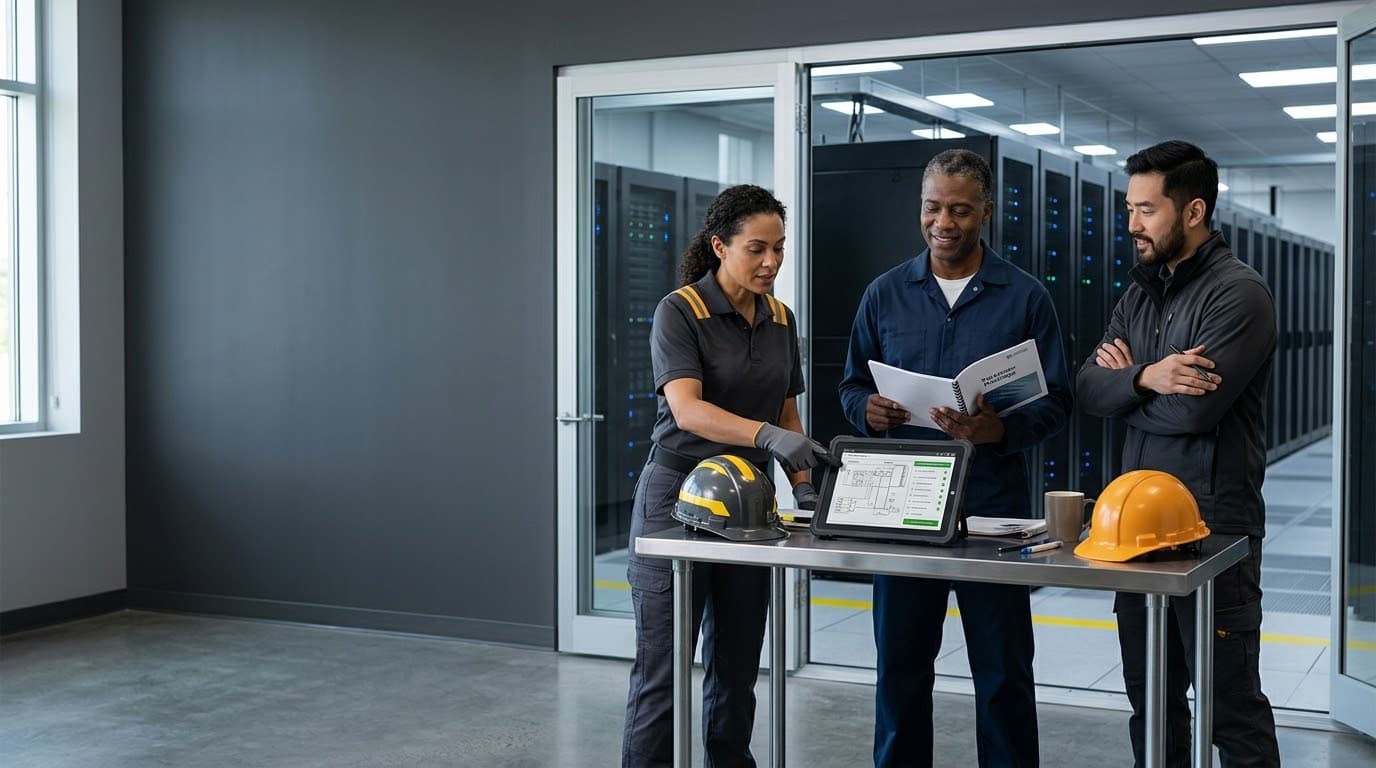Two quality-assurance professionals reviewing an inspection checklist together on a rugged tablet in an equipment room