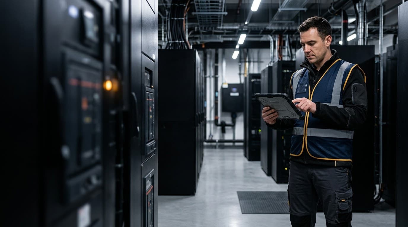 A quality-assurance technician reviewing an inspection checklist on a rugged tablet in a data-center equipment room
