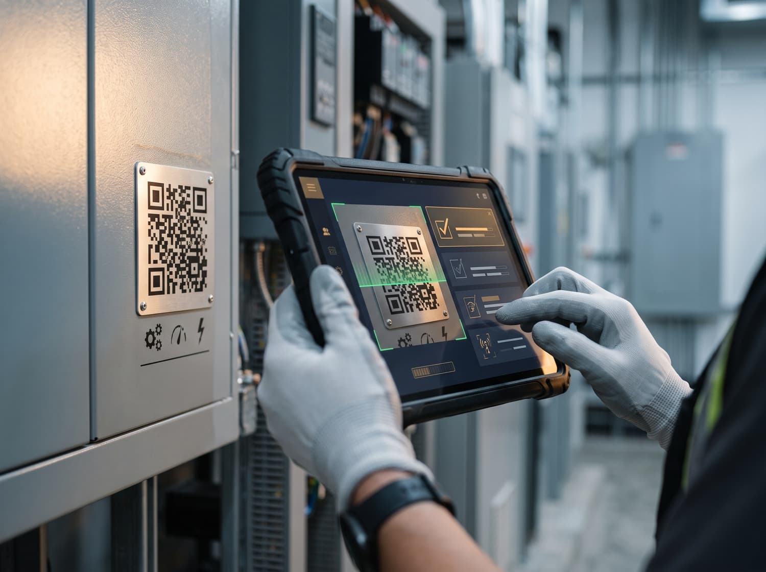 A technician scanning an equipment QR tag with a rugged tablet to pull up its record