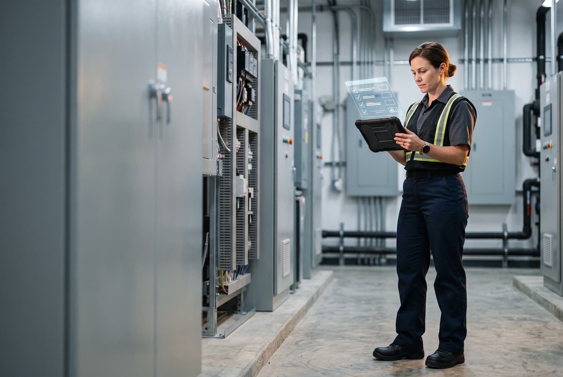 A quality-assurance technician reviewing an inspection checklist on a rugged tablet in an equipment room